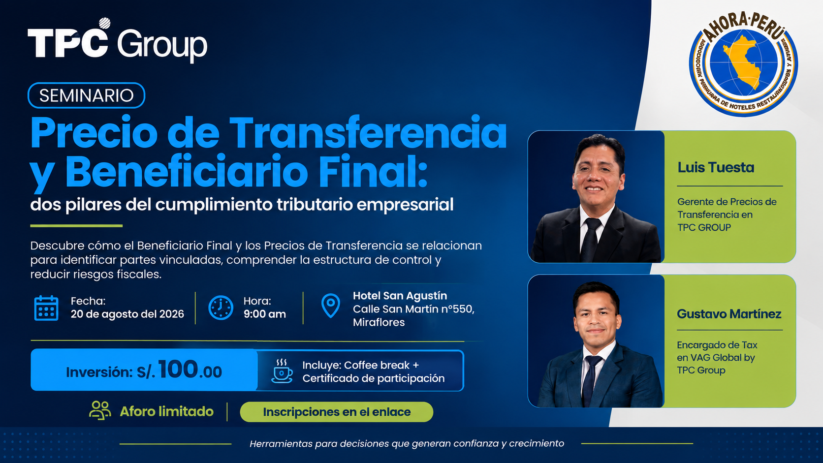 AHORA PERÚ y TPC Group realizarán conferencia sobre Precios de Transferencia y Beneficiario Final